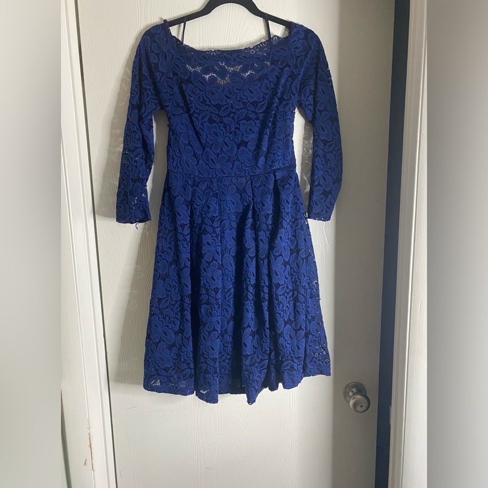 Miusol, Blue Lace off the shoulder a-line dress, 2/3 sleeve, small